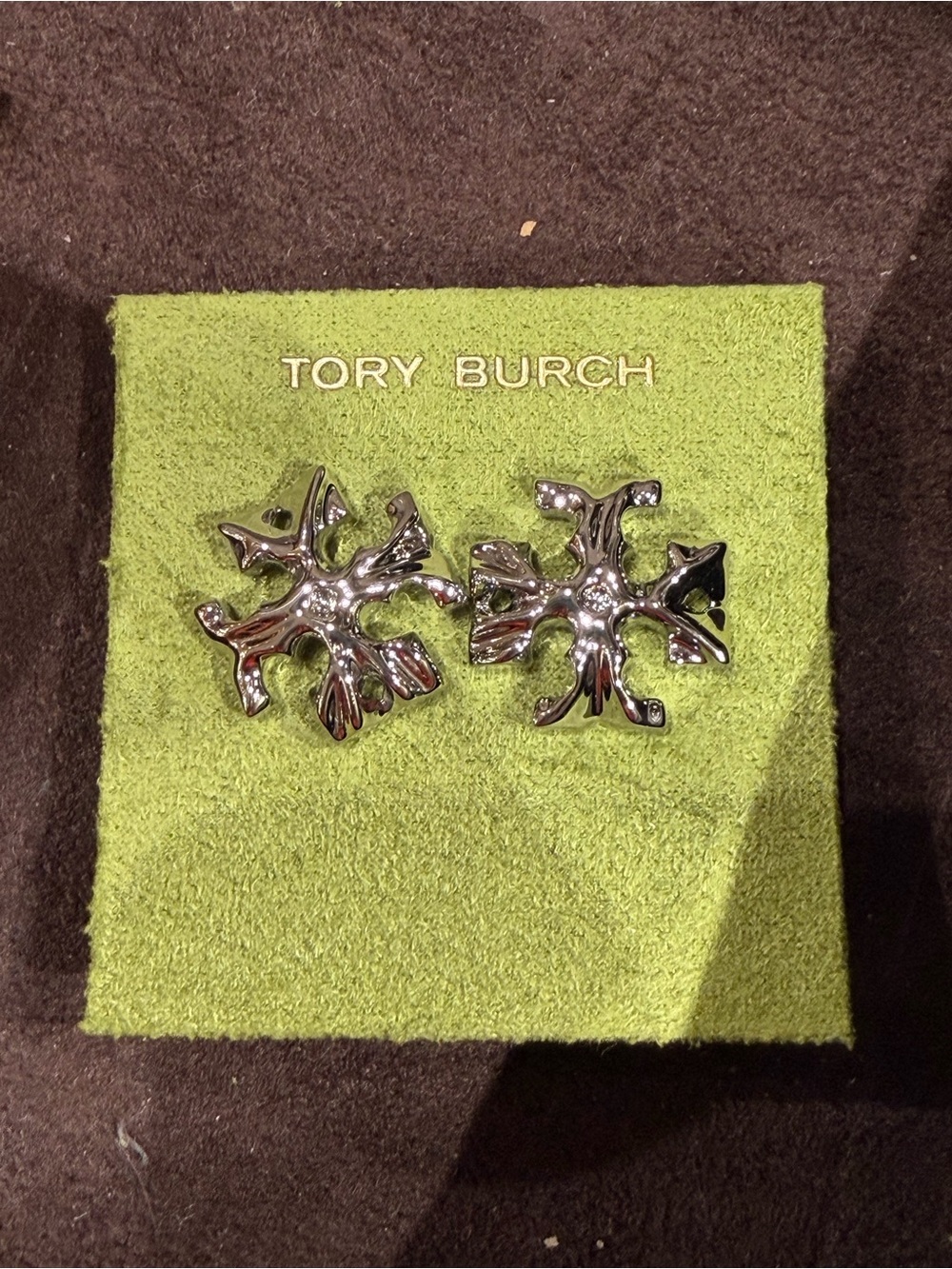 Tory Burch silver-tone pave large logo textured stud earrings silver color